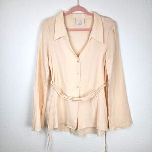 The Lullaby Club Long Sleeve Button Up Collar Waist Tie Shirt Peach Cream XS